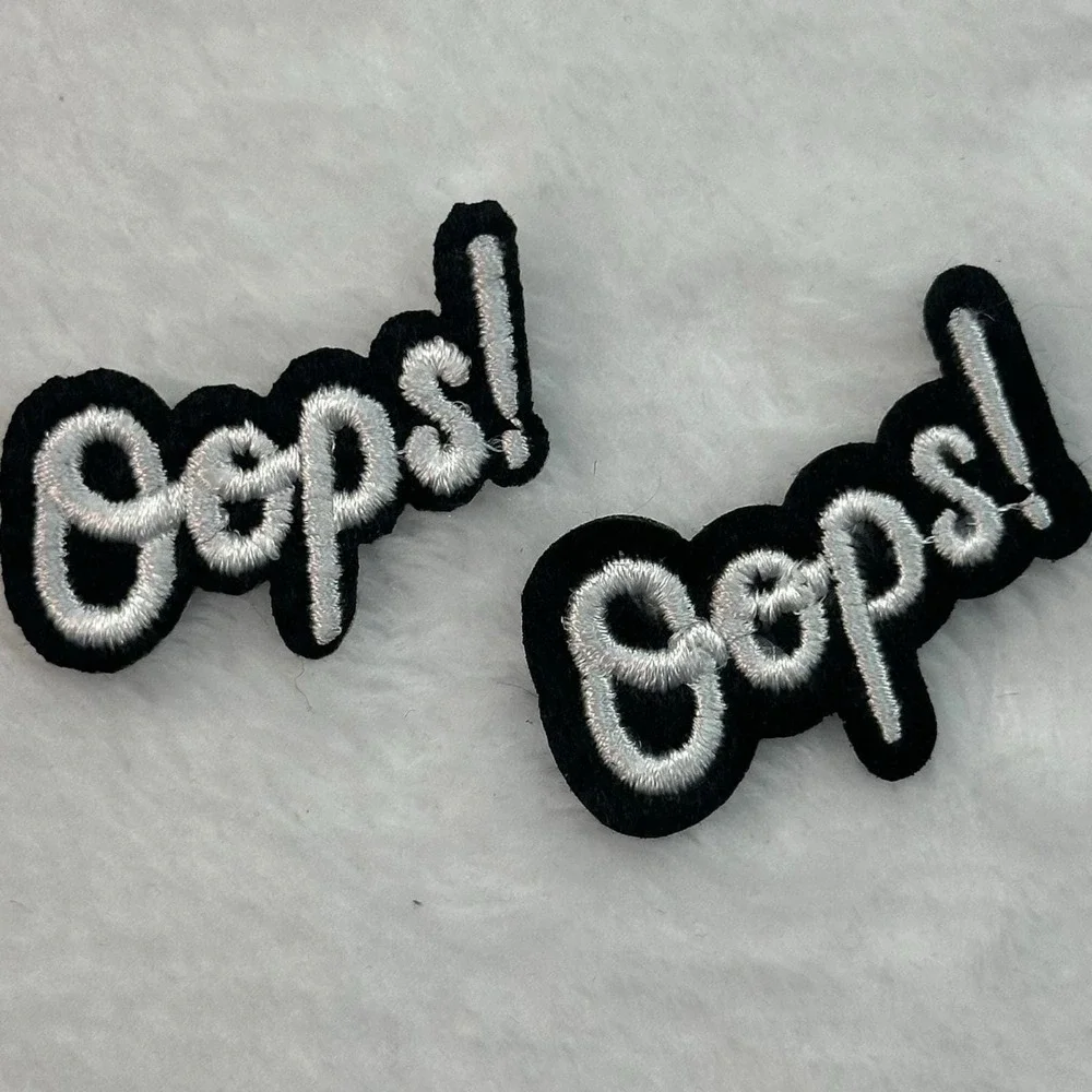 Set of 2 Oops! Embroidered Iron On Patches OS Black White Slogan Applique